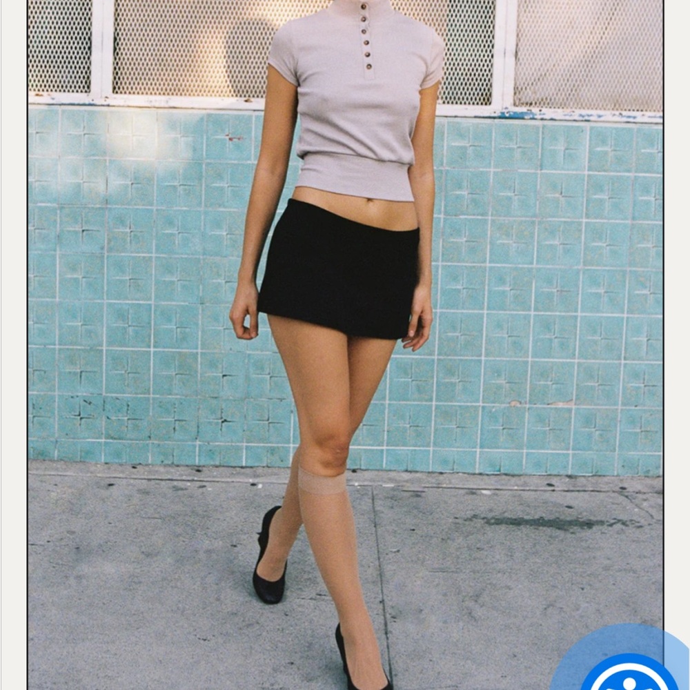 Beige Button Henley Crop Top with Black Mini Skirt